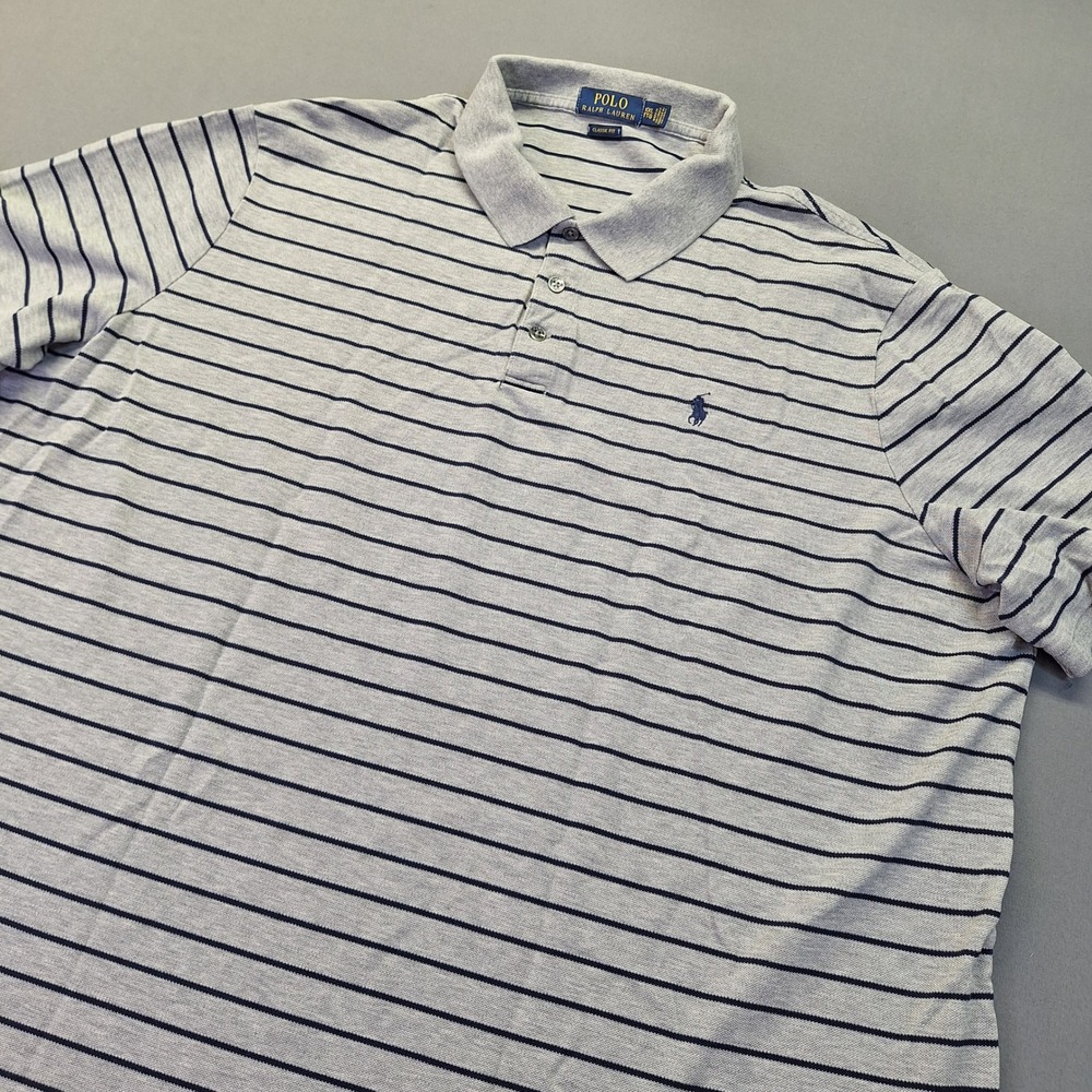 Polo Ralph Lauren Mens XXL Classic Fit Gray Navy Striped Short Sleeve Polo Shirt